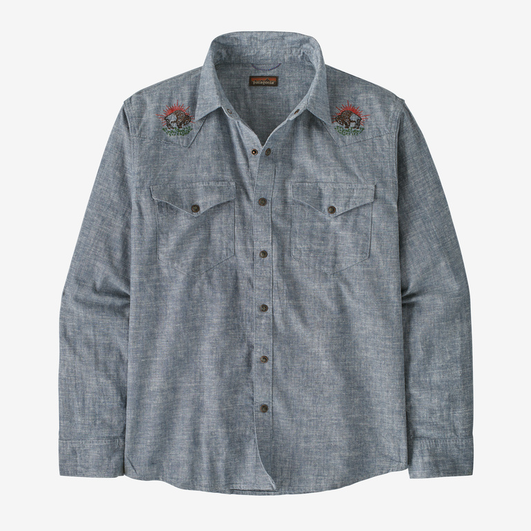 Patagonia Men's Long-Sleeved Western Snap Work Shirt in Chambray Utility Blue, XXL - Workwear Shirts & Tops - Hemp/Organic Cotton/Polyester